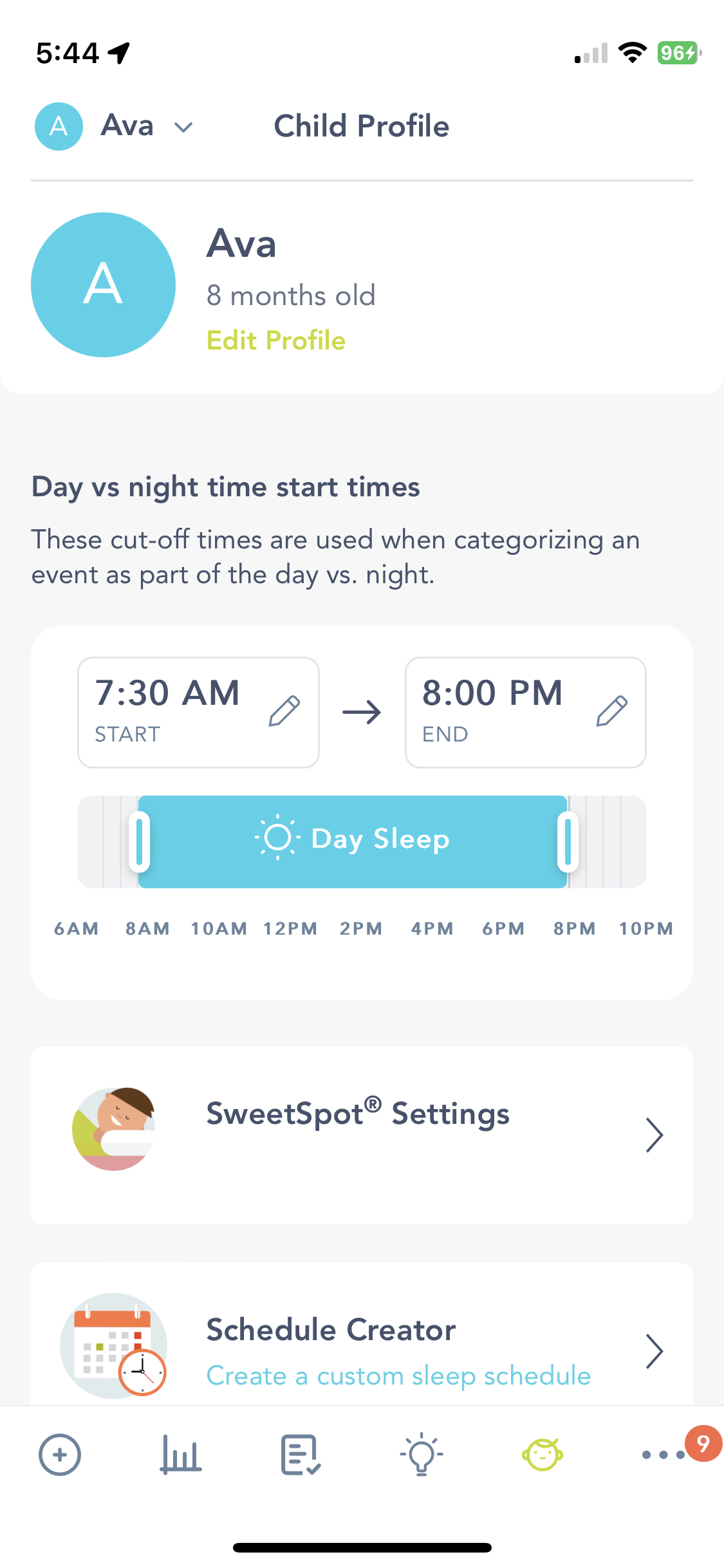 How do I adjust my SweetSpot settings of naps start end of the