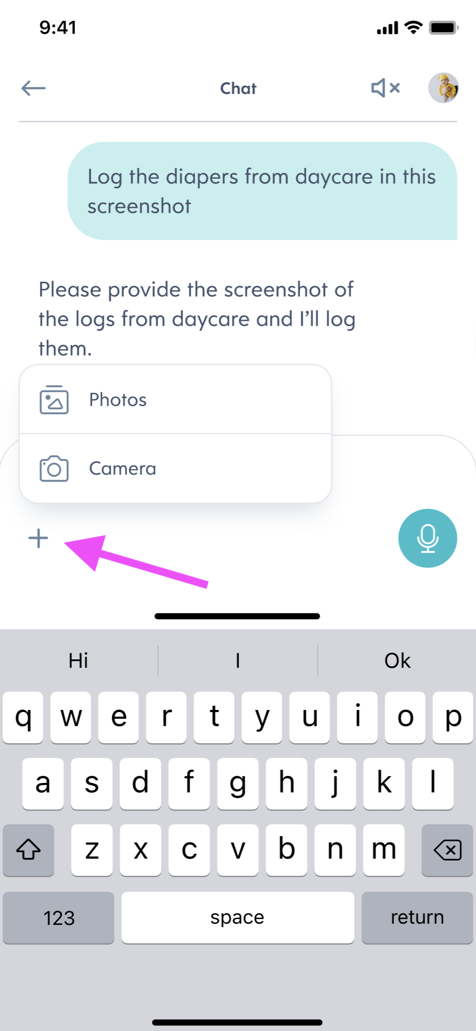 the AI chat interface showing the plus icon with the photo menu open, containing "photos" and "camera" as options